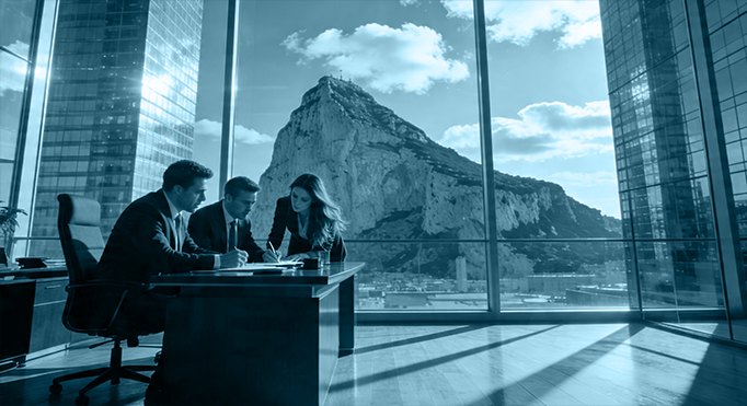 Fortress team meeting in a Gibraltar office overlooking the Rock